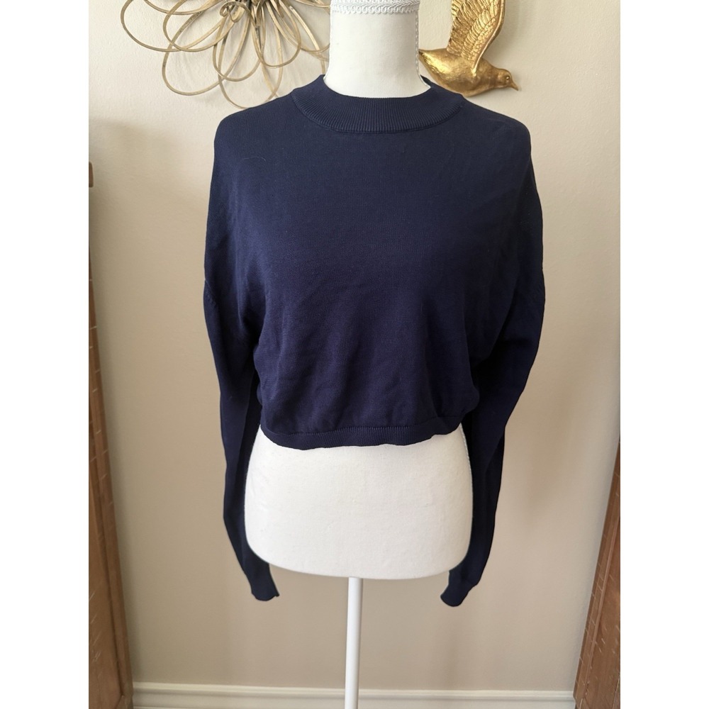 ZARA Women's Crop Knit Sweater White Navy striped Size Small‎ Preppy Academia